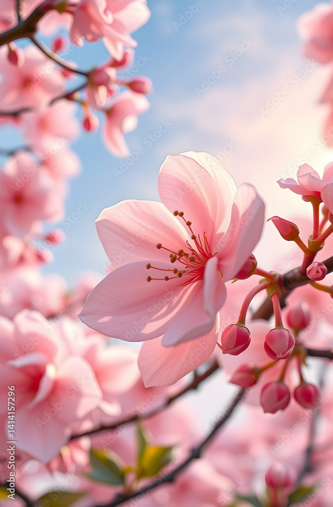 A pastel-wrapped cherry blossom radiates innocence and renewal under a dreamy sky. A pastel-wrapped cherry blossom radiates innocence and renewal under a dreamy sky.