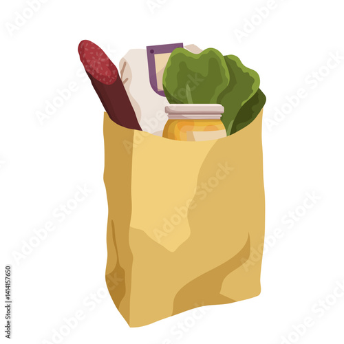 Paper grocery bag filled with various food items like sausage, jar, lettuce and package, cartoon style on white background. Vector illustration