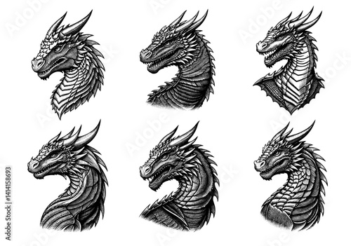 Dragon Heads set in Black and White Woodcut Style