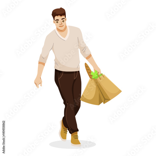 Smiling young man walking with full grocery paper bags in hand, casual clothes, flat cartoon style on clean white background. Concept of shopping. Vector illustration