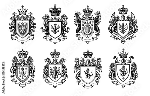Regal heraldic coats of arms black and white vintage illustrations