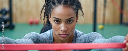 Focused determination shines through as a woman executes resistance band squats, showcasing resilience in recovery following ACL surgery within a modern gym's therapeutic zone A dedicated trainer