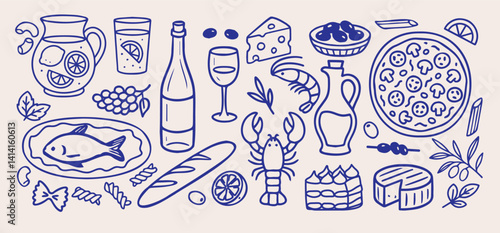 Hand drawn food illustration set featuring wine, cheese, seafood, pizza, pasta, olives, lemon, desserts, and herbs. Perfect for Mediterranean cuisine, Italian food, or gourmet design themes. Vector