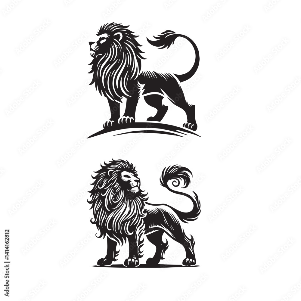Obraz premium Lion Standing Vector Silhouette SetBlack and White Lion Pose IconsMinimal Standing Lion Illustration