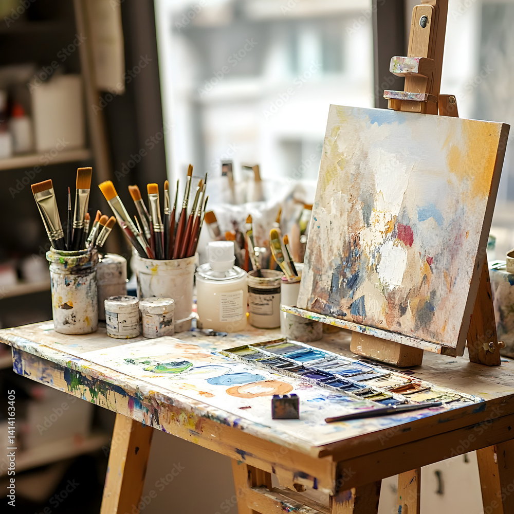 Creating art painting station setup studio art materials indoor close-up aofthanit concept Creating art painting station setup studio art materials indoor close-up aofthanit concept