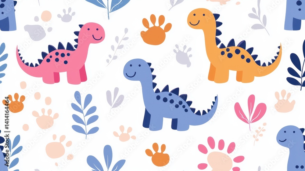 Playful seamless pattern with friendly dinosaurs, footprints, and jungle plants, perfect for kids' bedding, wrapping paper, and fabric.