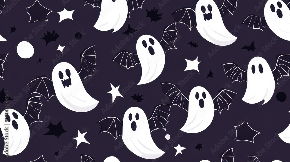 Playful vampire bats flying in a seamless pattern with white ghost elements, spooky Halloween background