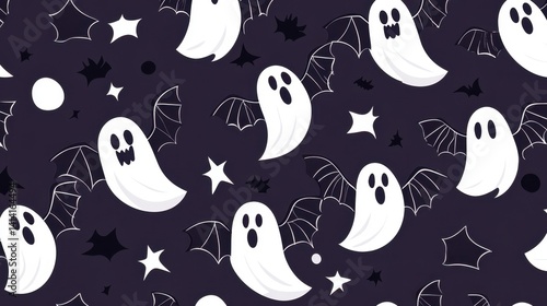 Obraz na płótnie Playful vampire bats flying in a seamless pattern with white ghost elements, spooky Halloween background w salonie
