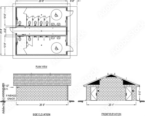 silhouette design vector illustration sketch drawing architecture of classic vintage ethnic traditional public bathroom exposed brick with area for disabled