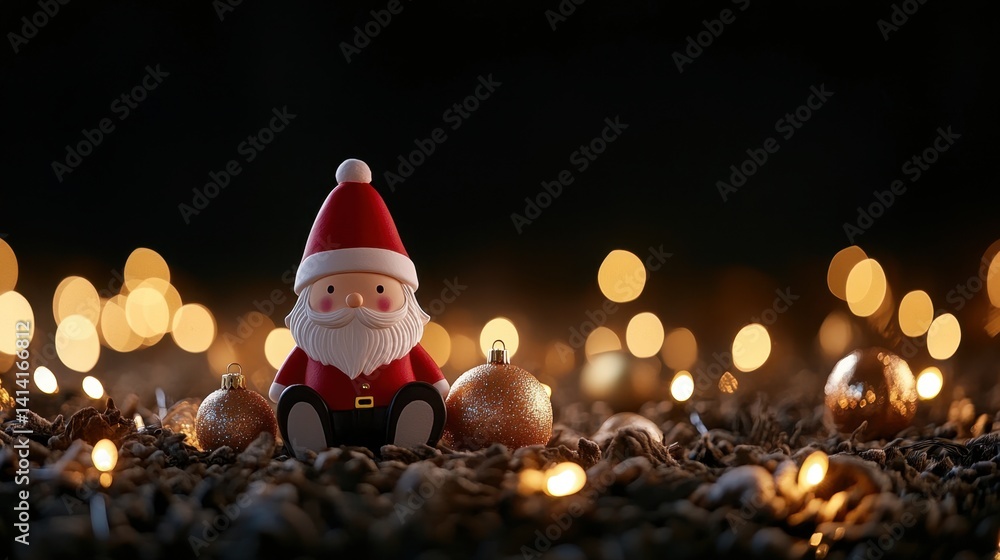 Small Santa figurine with a red hat sitting among Christmas ornaments, soft golden lights creating a magical holiday atmosphere