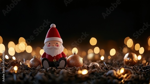 Obraz na płótnie Small Santa figurine with a red hat sitting among Christmas ornaments, soft golden lights creating a magical holiday atmosphere w salonie