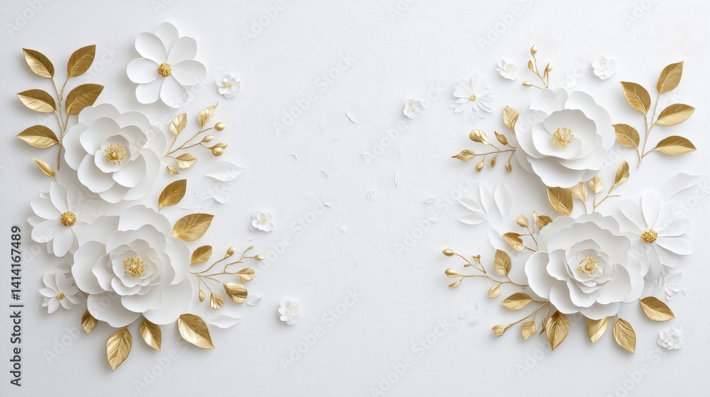 Stunning golden foliage and delicate stucco peonies arranged on a pure white background, evoking elegance and opulence with intricate floral details.