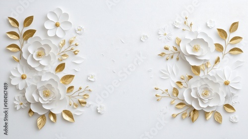 Stunning golden foliage and delicate stucco peonies arranged on a pure white background, evoking elegance and opulence with intricate floral details.