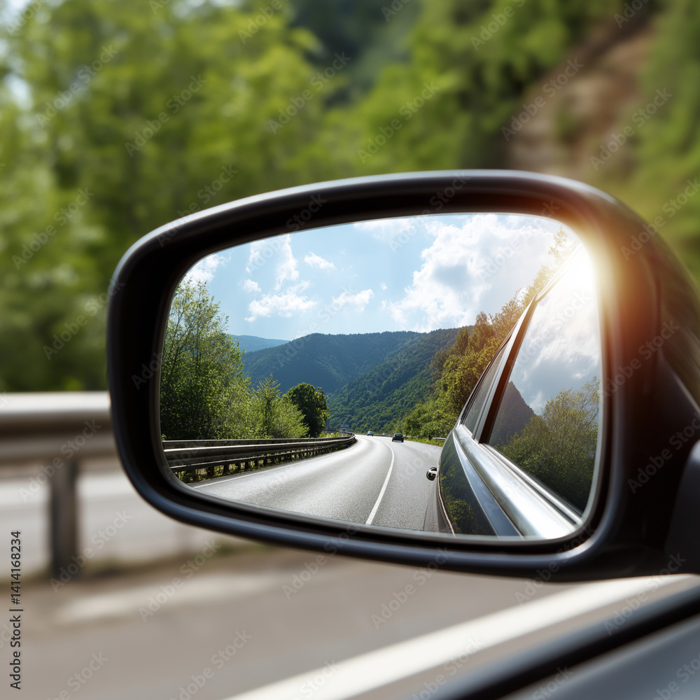 Rear View Mirror Reflecting Road Trip at Sunset Rear View Mirror Reflecting Road Trip at Sunset