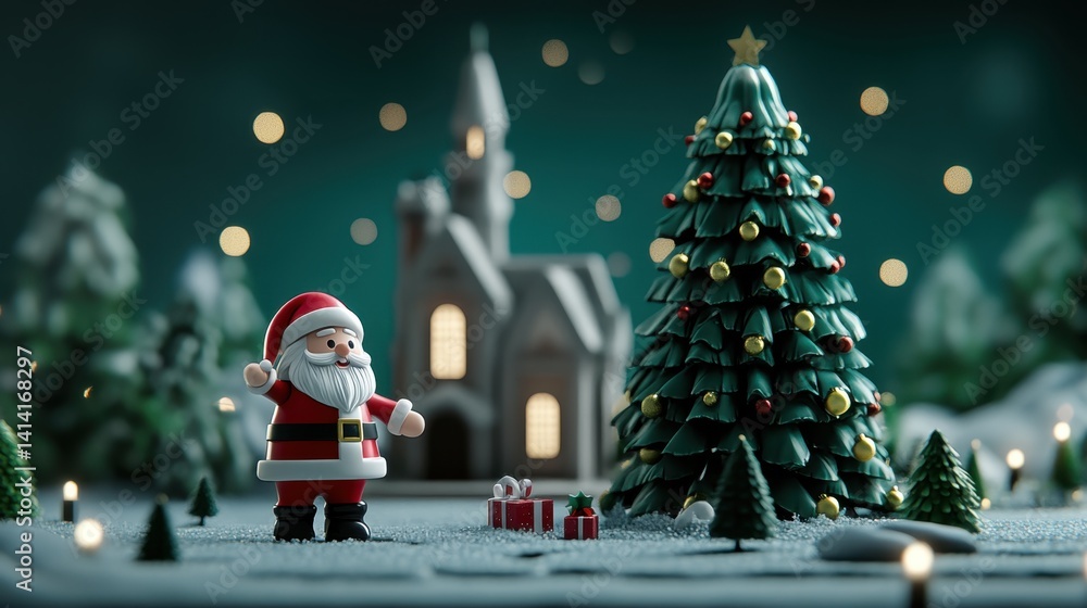 Toy Santa Claus standing in the foreground, with a beautifully decorated Christmas tree sparkling in the background, festive spirit