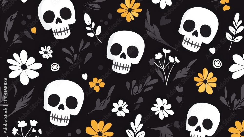 Traditional Mexican folk art seamless pattern with sugar skulls, ornate flowers, and abstract elements in a striking monochrome palette.