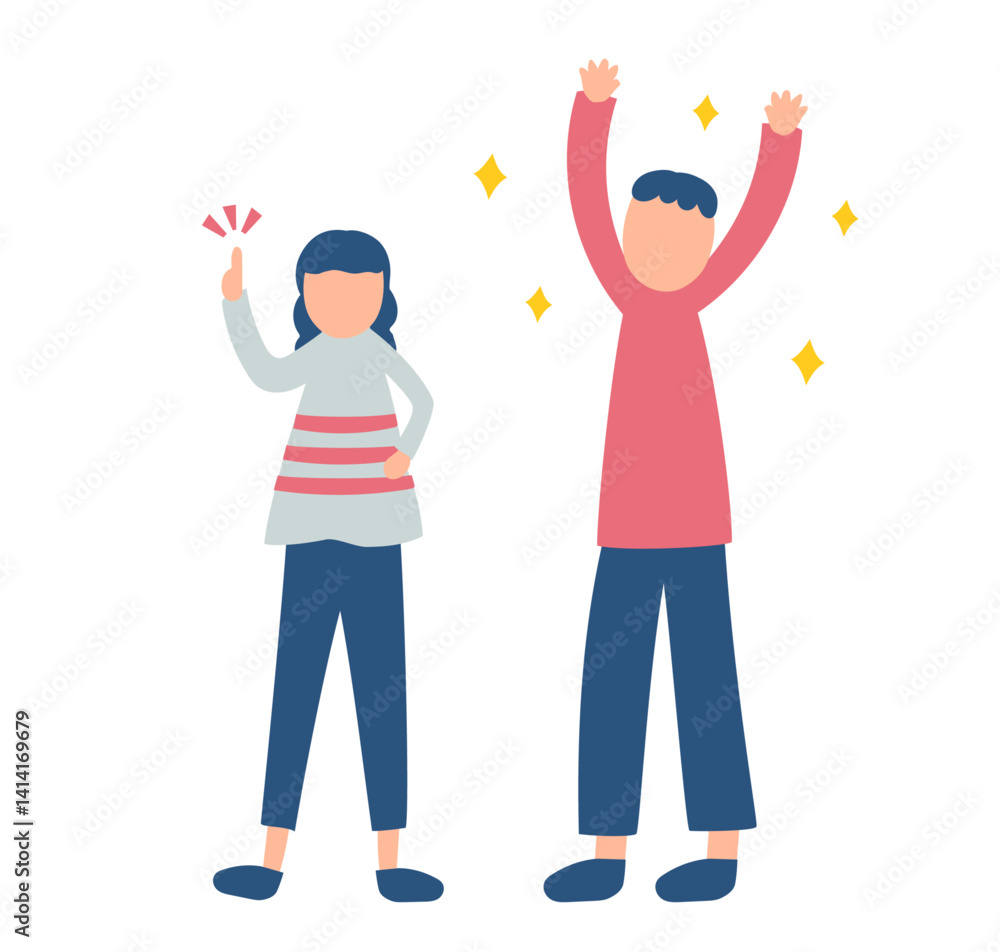 ばんざいする男性とポイントを教える女性のイラスト ばんざいする男性とポイントを教える女性のイラスト