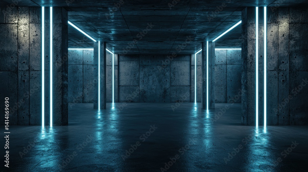 Underground parking lot with exposed concrete textures, dim lighting, and a futuristic, industrial atmosphere.