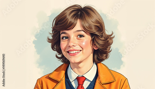 Smiling boy in orange jacket cheerful and confident portrait
