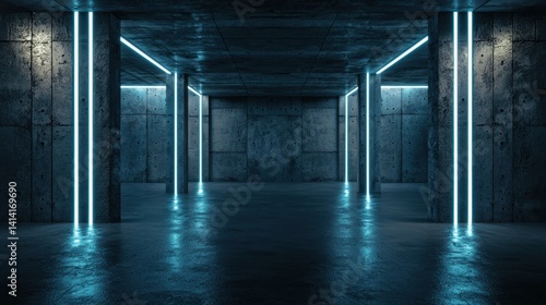 Obraz na płótnie Underground parking lot with exposed concrete textures, dim lighting, and a futuristic, industrial atmosphere. w salonie