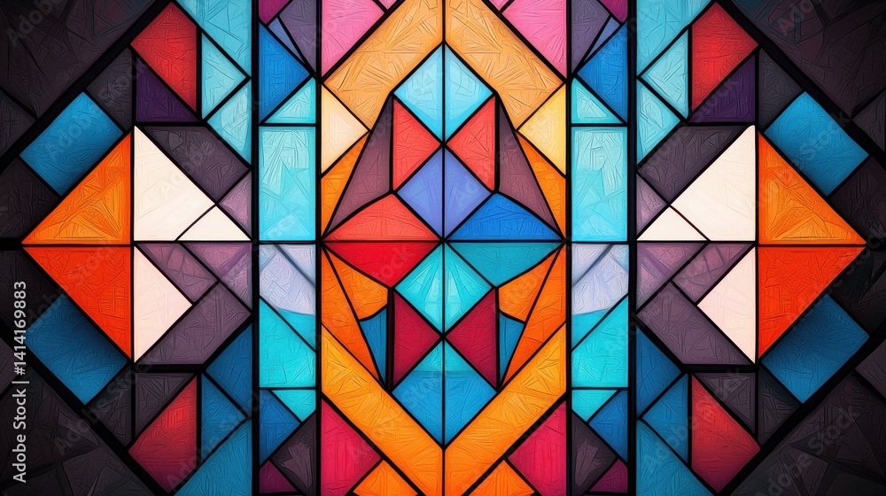 Vibrant abstract pattern with colorful triangles, squares, and blocks in modern geometric style.