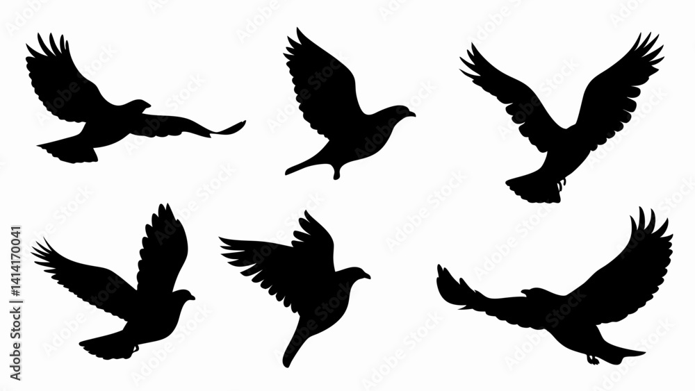 Obraz premium Flock of flying birds silhouette vector on white background