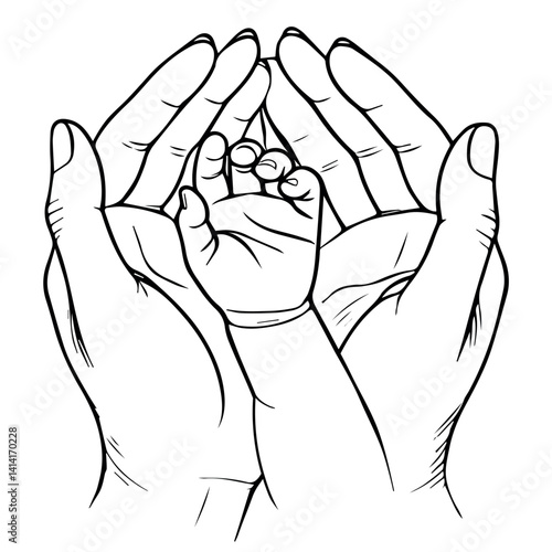 Minimalist vector illustration of baby hand touching parent’s palm, expressing innocence and unity