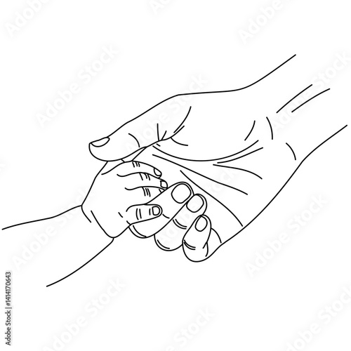 Vector minimalist drawing of parent gently holding baby hand, symbolizing love and protection