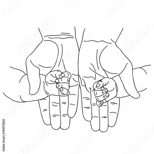 Vector outline of twin babies’ hands held by parents, minimalist line art symbolizing connection and family