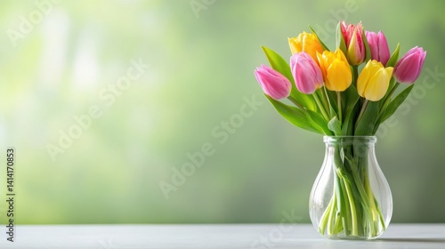 Vibrant tulip bouquet in a glass vase, bathed in natural light, symbolizing love and appreciation, close-up shot