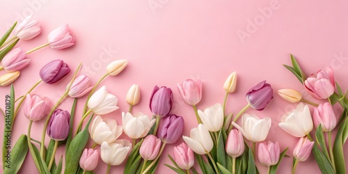 Pink and Purple Tulips Flatlay Spring Floral Composition, Pastel Background, Soft Focus, Top View, Flower Photography Tulips, Spring Flowers