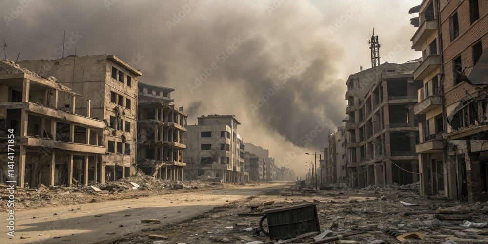Fototapeta premium Post-War Cityscape Desolate Street, Smoke-Filled Sky, Building Ruins, Destruction, War Aftermath, Conflict Zone War Photography, Urban Decay