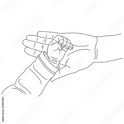 Vector sketch of baby hand in center of adult hands, symbol of safety and parental love