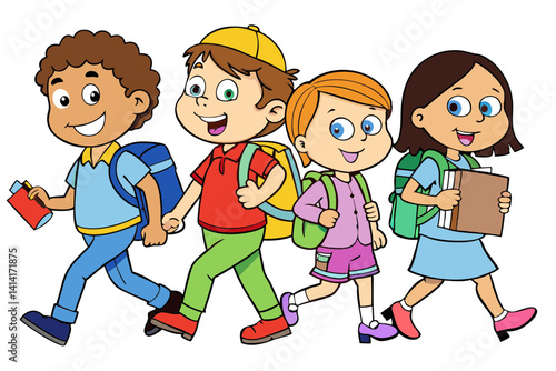 Cartoon School Kids with Backpacks and Books