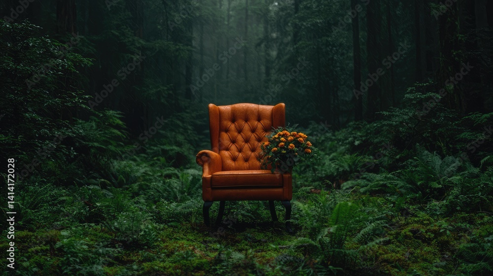 Antique chair in dark forest mysterious solitude fantasy storytelling Antique chair in dark forest mysterious solitude fantasy storytelling