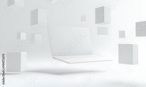 Minimalist Floating Laptop with Geometric Shapes in White Space
