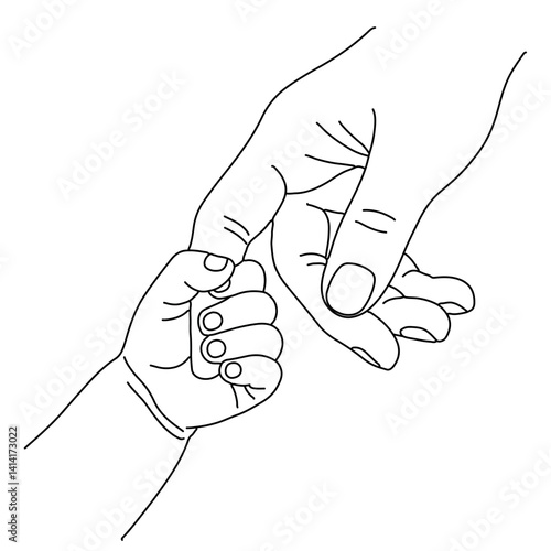 Vector outline of child hand holding adult’s finger, minimalist black and white style