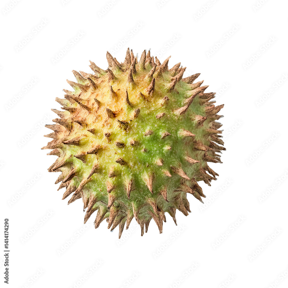 Close-up view of a spiny, round fruit. Close-up view of a spiny, round fruit.