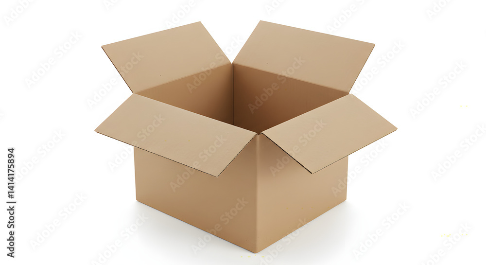 A plain cardboard box with flaps open wide, showing off its empty inside A plain cardboard box with flaps open wide, showing off its empty inside