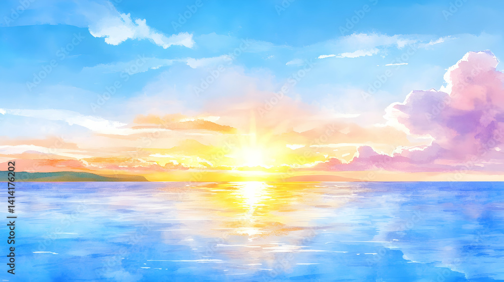 Serene sunset over calm ocean waters, painted in soft watercolor hues of pink, orange, and blue, reflecting a peaceful and tranquil atmosphere. Serene sunset over calm ocean waters, painted in soft watercolor hues of pink, orange, and blue, reflecting a peaceful and tranquil atmosphere.