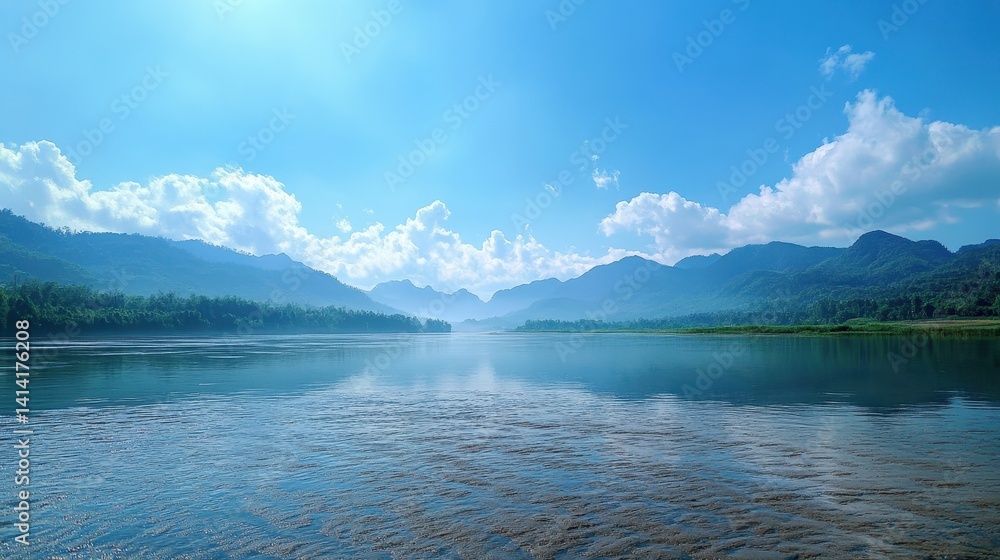 Serene river with majestic mountains under clear blue sky and fluffy clouds Serene river with majestic mountains under clear blue sky and fluffy clouds