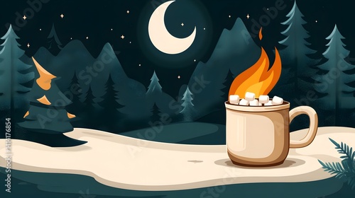 Pixel Art Winter Night Scene Campfire Marshmallow Cocoa Mug