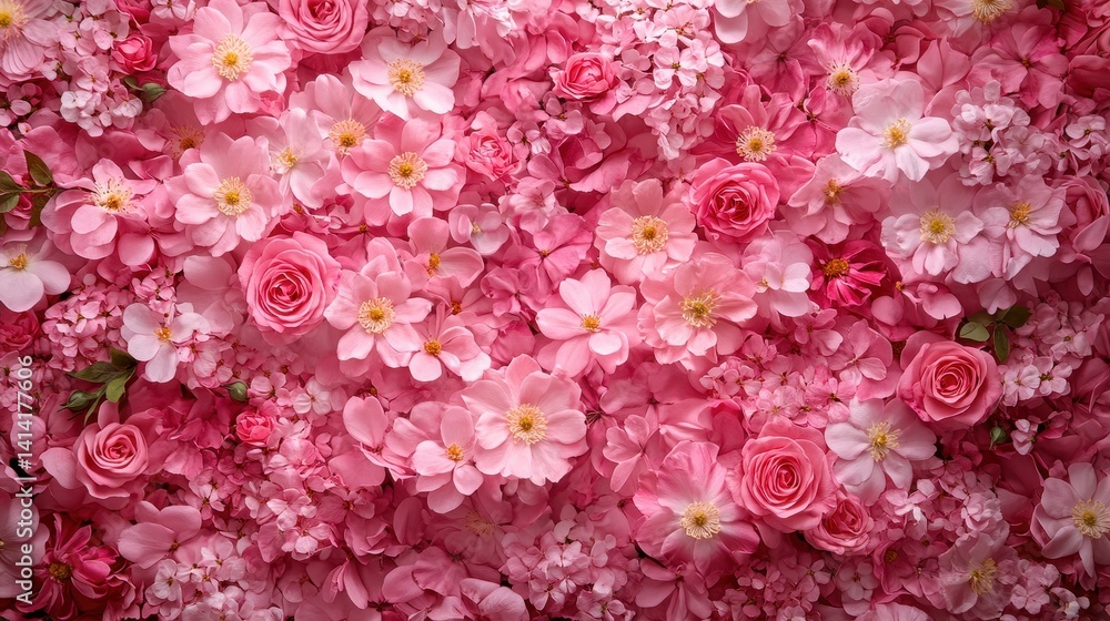Vibrant pink floral wall featuring roses and cherry blossoms in bloom Vibrant pink floral wall featuring roses and cherry blossoms in bloom