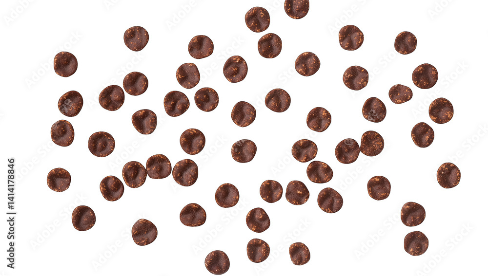 Obraz premium an arrangement of small round dark brown coffee beans scattered on a white background showcasing their texture and shape for culinary or promotional purposes