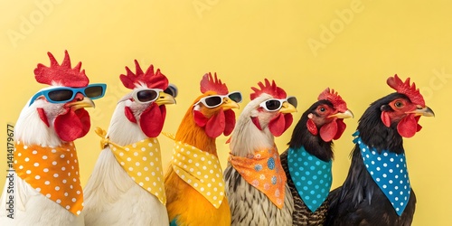 Wallpaper Mural Funny chickens wearing sunglasses and bandanas on yellow background stock photo and image for commercial use Torontodigital.ca