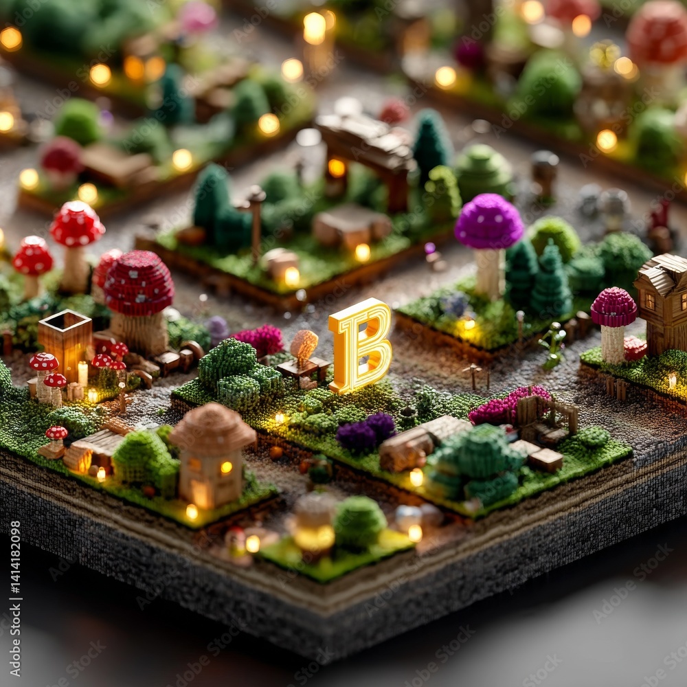 Whimsical Voxel World: A Miniature Landscape of Glowing Lights, Mushrooms, and a Bold Whimsical Voxel World: A Miniature Landscape of Glowing Lights, Mushrooms, and a Bold