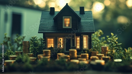 Wallpaper Mural Model house surrounded by stacks of coins amidst greenery Torontodigital.ca