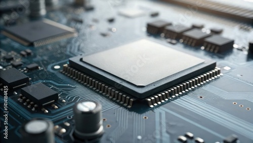 A close-up view of a microprocessor on a circuit board, showcasing intricate electronic components and connections.