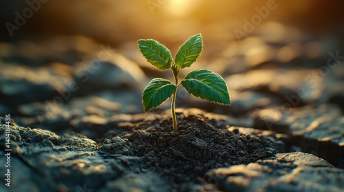 Young green plant thriving in sunlight on dry, cracked earth