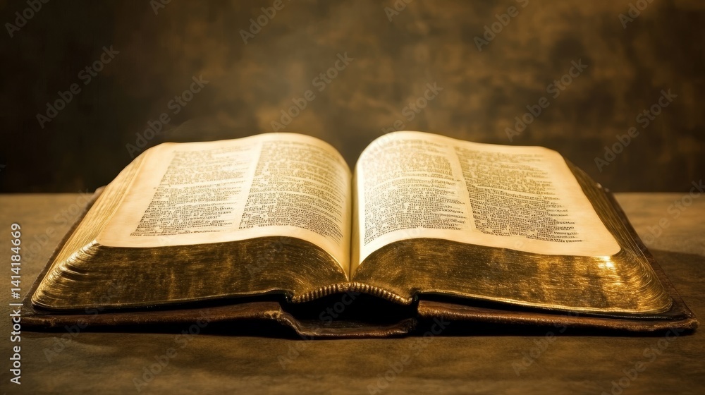 Fototapeta premium Open book with visible text on pages resting on a dark surface.